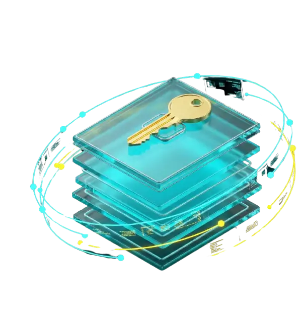 Infraestructura Cloud segura de WAYWEB SPA: Ciberseguridad bajo estándar ISO 27001 y AWS Partner representado por capas de datos cifrados y llave de acceso.